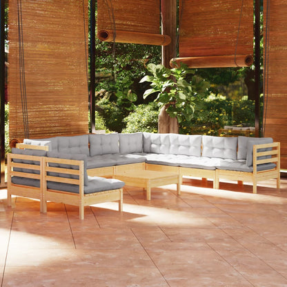 Set Divani da Giardino 10 pz con Cuscini Grigi Massello di Pino | homemem39