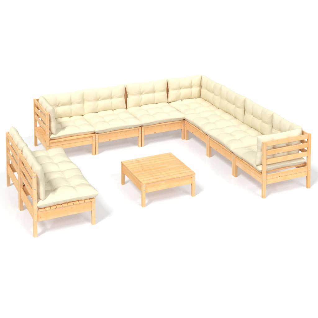 Set Divani da Giardino 10 pz con Cuscini Crema Massello di Pino | homemem39