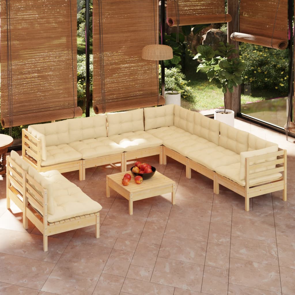 Set Divani da Giardino 10 pz con Cuscini Crema Massello di Pino | homemem39