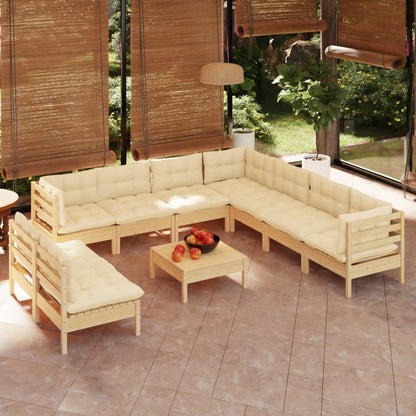 Set Divani da Giardino 10 pz con Cuscini Crema Massello di Pino | homemem39
