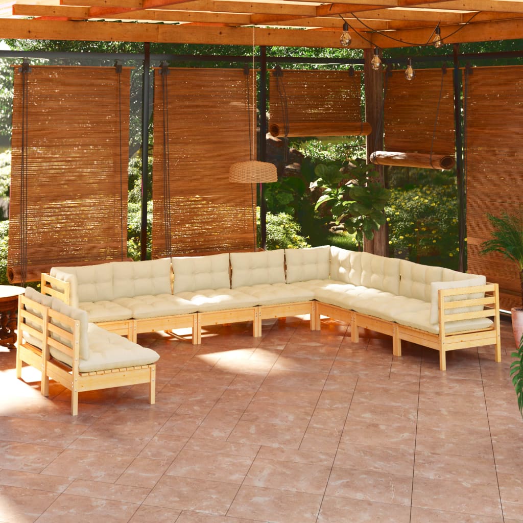 Set Divani da Giardino 10 pz con Cuscini Crema Massello di Pino | homemem39
