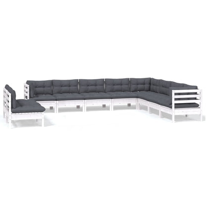 Set Divani da Giardino 10 pz con Cuscini Bianchi Legno di Pino | homemem39