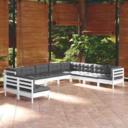 Set Divani da Giardino 10 pz con Cuscini Bianchi Legno di Pino | homemem39