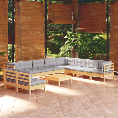 Set Divani da Giardino 11 pz con Cuscini Grigi Massello di Pino | homemem39
