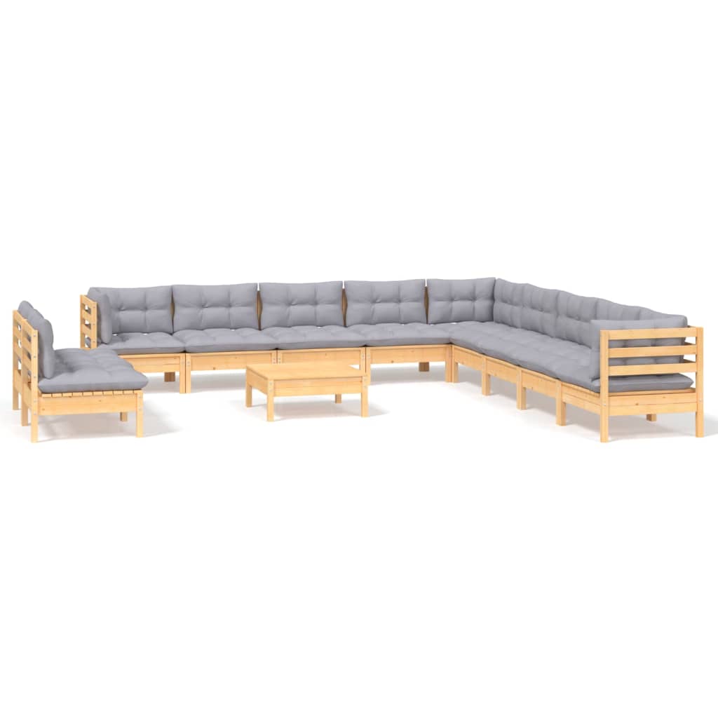 Set Divani da Giardino 12 pz con Cuscini Grigi Massello di Pino | homemem39