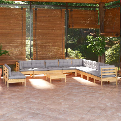 Set Divani da Giardino 12 pz con Cuscini Grigi Massello di Pino | homemem39