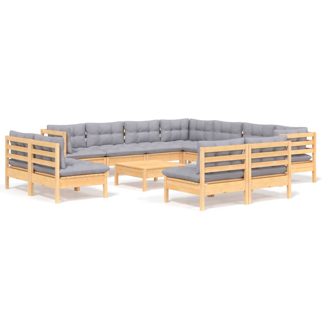 Set Divani da Giardino 12 pz con Cuscini Grigi Massello di Pino | homemem39