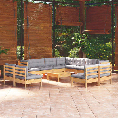 Set Divani da Giardino 12 pz con Cuscini Grigi Massello di Pino | homemem39