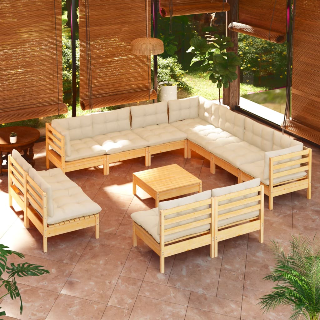 Set Divani da Giardino 12 pz con Cuscini Crema Massello di Pino | homemem39