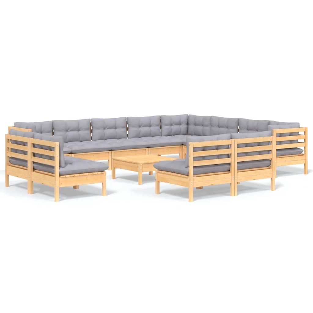 Set Divani da Giardino 13 pz con Cuscini Grigi Massello di Pino | homemem39