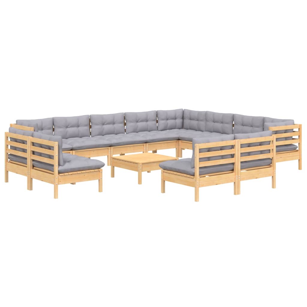 Set Divani da Giardino 13 pz con Cuscini Grigi Massello di Pino | homemem39