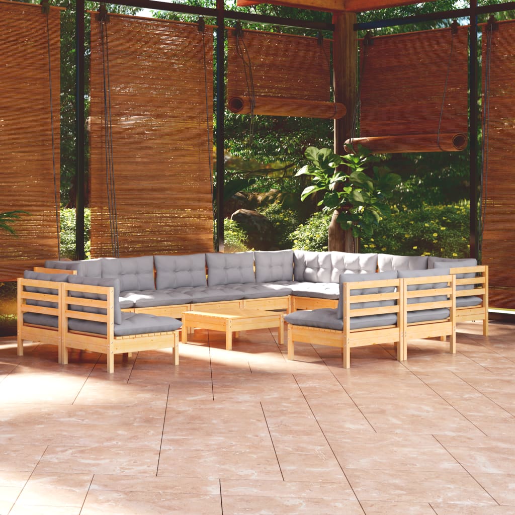 Set Divani da Giardino 13 pz con Cuscini Grigi Massello di Pino | homemem39