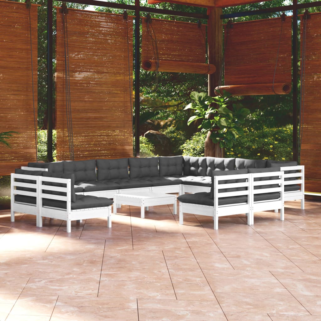 Set Divani da Giardino 13 pz con Cuscini Bianchi Legno di Pino - homemem39