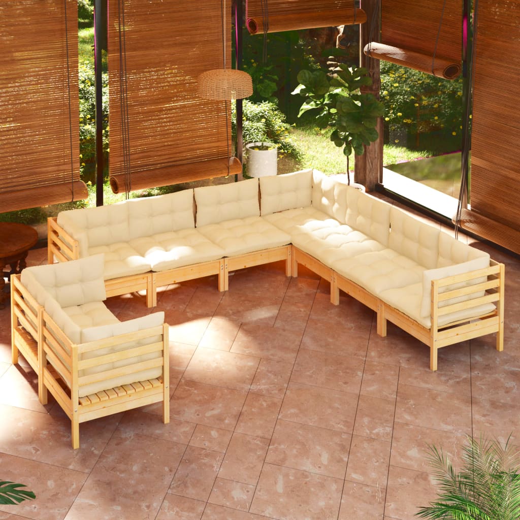 Set Divani da Giardino 9 pz con Cuscini Crema Massello di Pino | homemem39