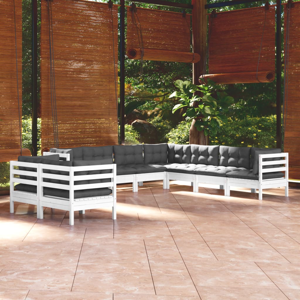 Set Divani da Giardino 9 pz con Cuscini Bianchi Legno di Pino | homemem39