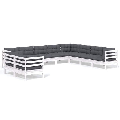 Set Divani da Giardino 10 pz con Cuscini Bianchi Legno di Pino | homemem39