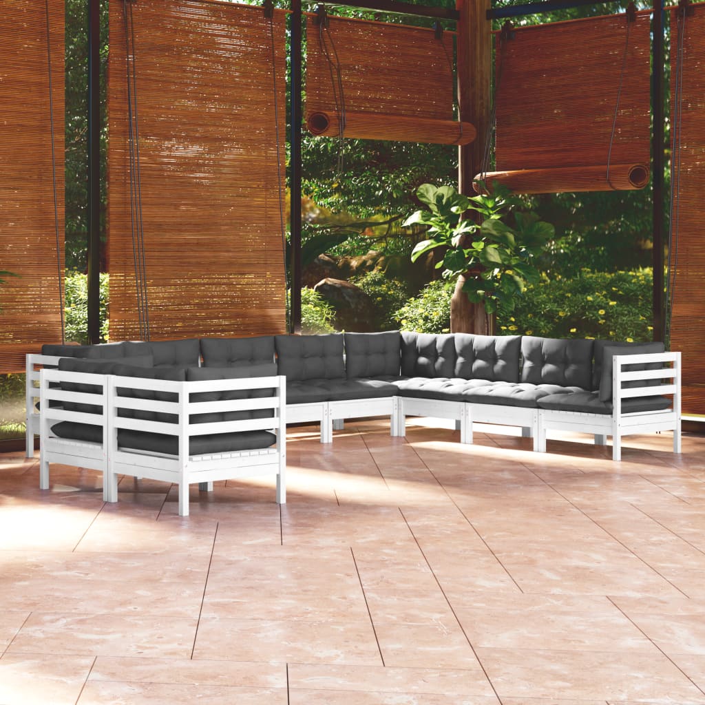 Set Divani da Giardino 10 pz con Cuscini Bianchi Legno di Pino | homemem39