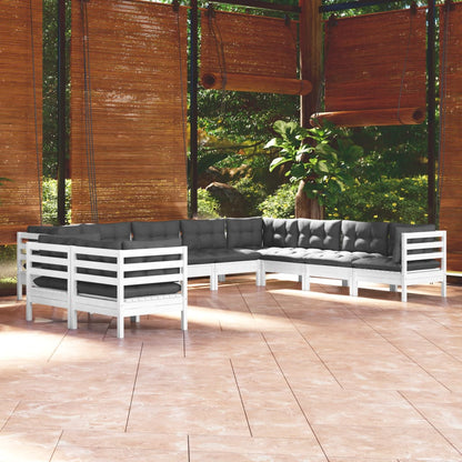 Set Divani da Giardino 10 pz con Cuscini Bianchi Legno di Pino | homemem39