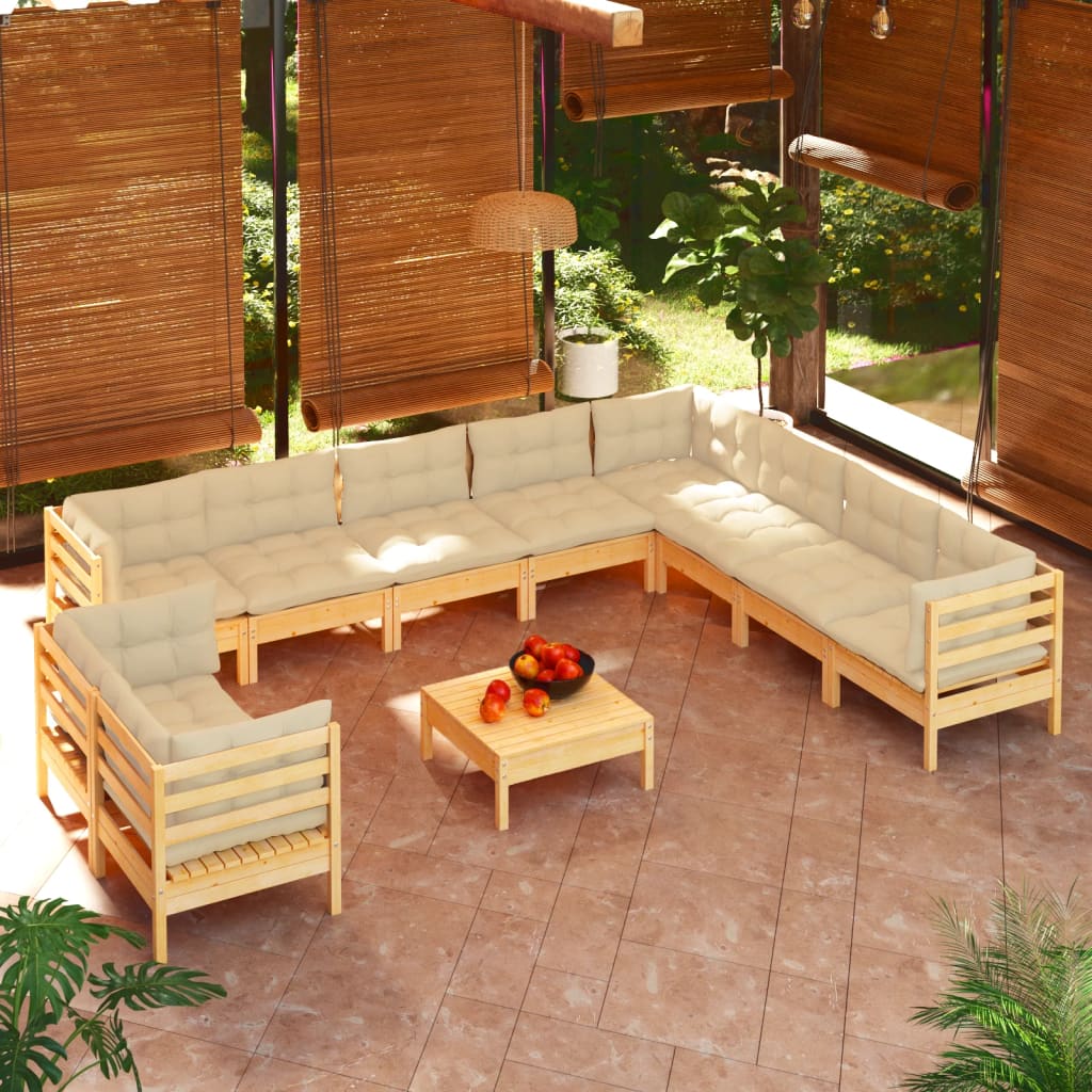 Set Divani da Giardino 11 pz con Cuscini Crema in Massello di Pino | homemem39