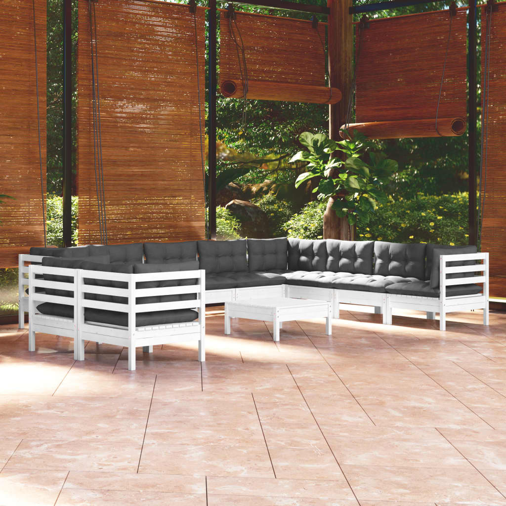 Set Divani da Giardino 11 pz con Cuscini Bianchi Legno di Pino - homemem39