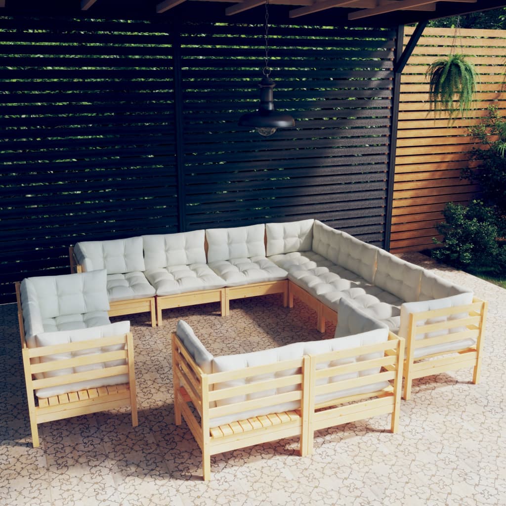 Set Divani da Giardino 11 pz con Cuscini Crema in Massello di Pino | homemem39