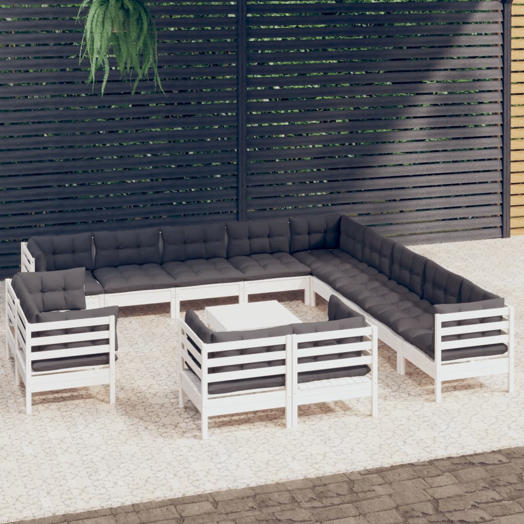 Set Divani da Giardino 14 pz con Cuscini Bianchi Legno di Pino - homemem39