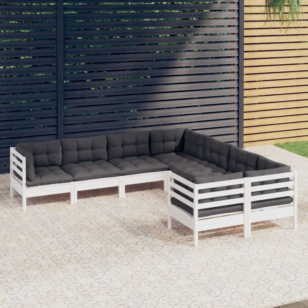 Set Divani da Giardino 8 pz con Cuscini Bianchi Legno di Pino - homemem39