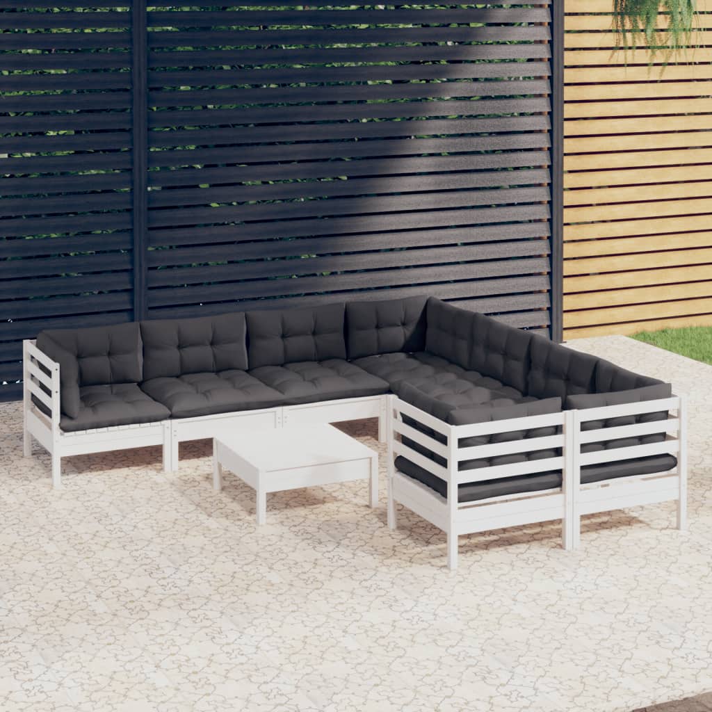 Set Divani da Giardino 9 pz con Cuscini Bianchi in Legno Pino - homemem39