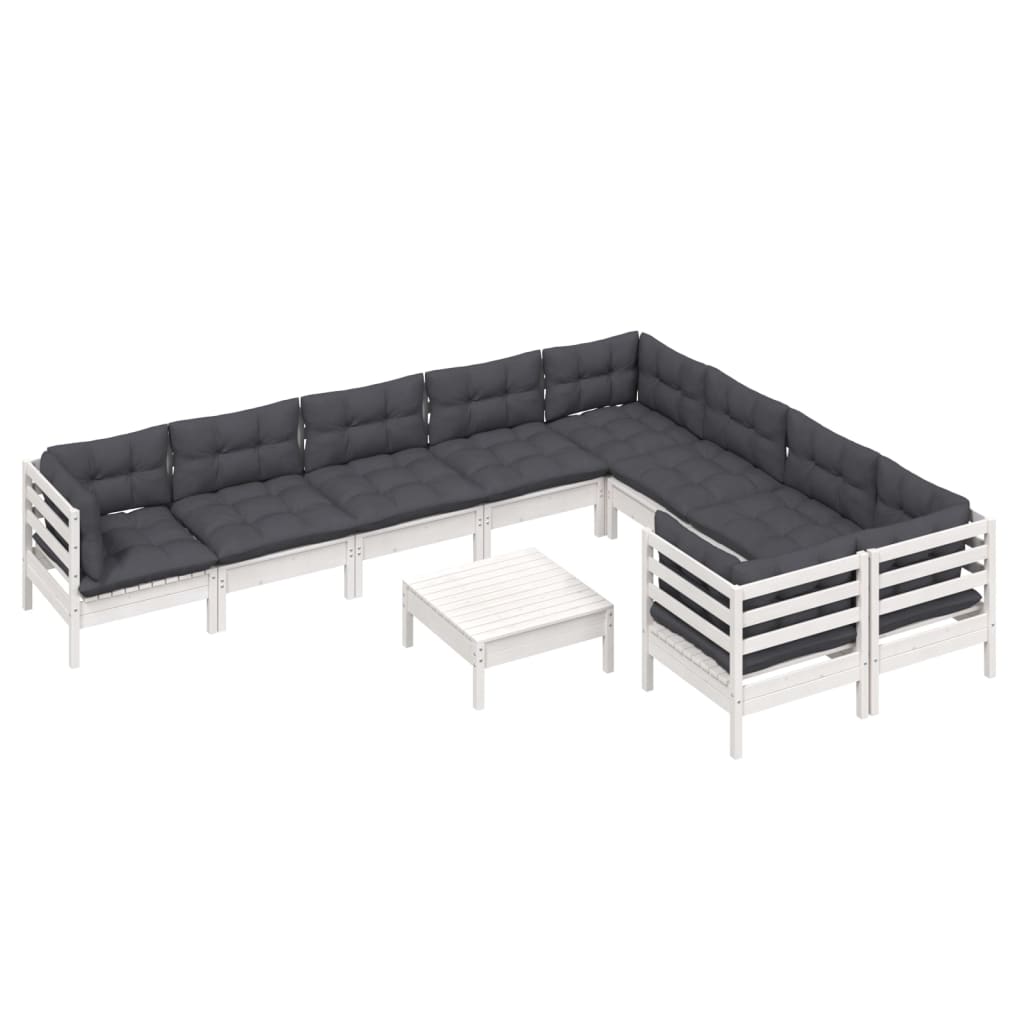 Set Divani da Giardino 10 pz con Cuscini Bianchi Legno di Pino | homemem39