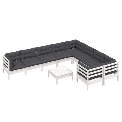 Set Divani da Giardino 10 pz con Cuscini Bianchi Legno di Pino | homemem39