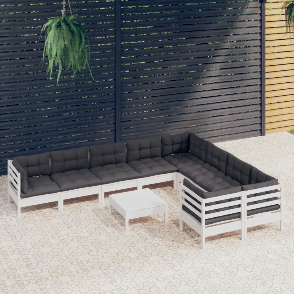 Set Divani da Giardino 10 pz con Cuscini Bianchi Legno di Pino | homemem39