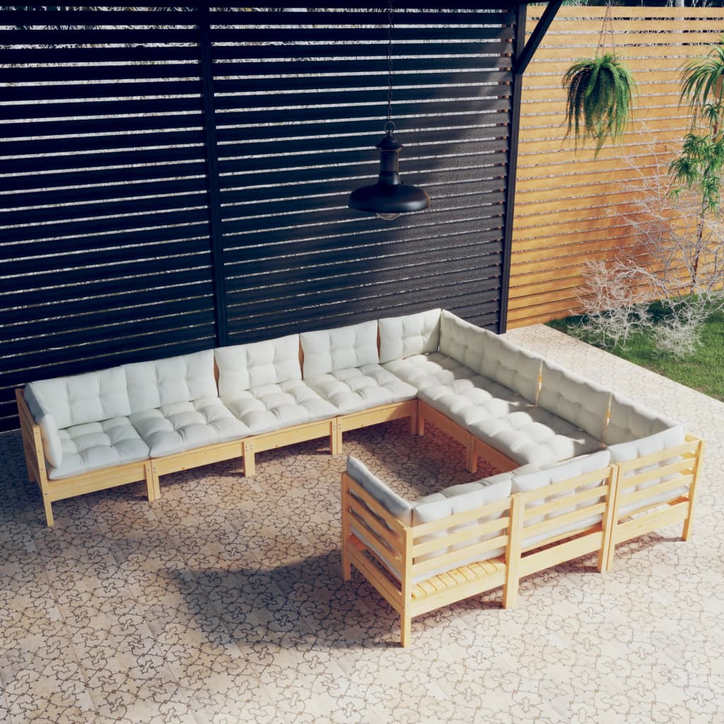 Set Divani da Giardino 10 pz con Cuscini Crema Massello di Pino | homemem39