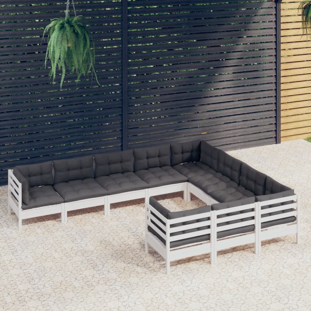 Set Divani da Giardino 10 pz con Cuscini Bianchi Legno di Pino - homemem39