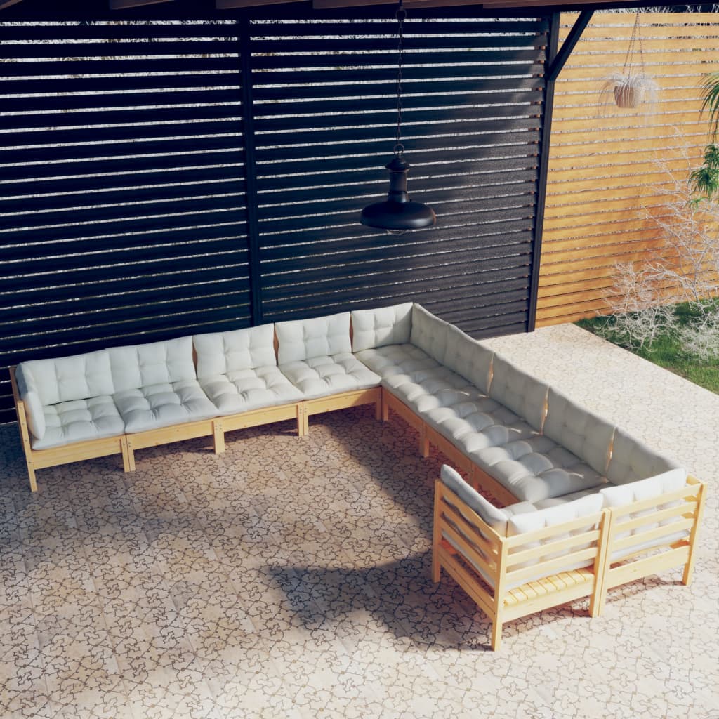 Set Divani da Giardino 10 pz con Cuscini Crema Massello di Pino | homemem39