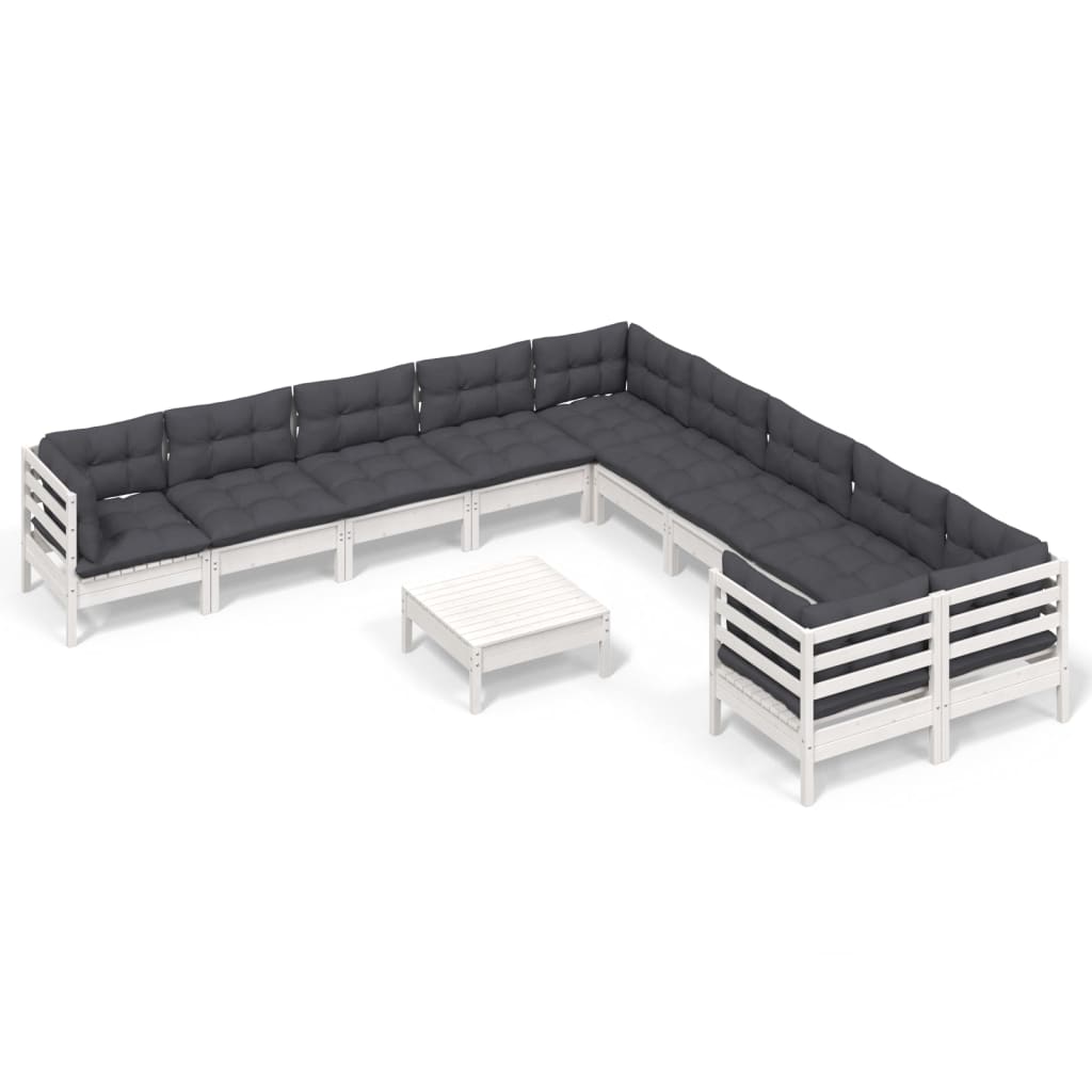 Set Divani da Giardino 11 pz con Cuscini Bianchi Legno di Pino - homemem39