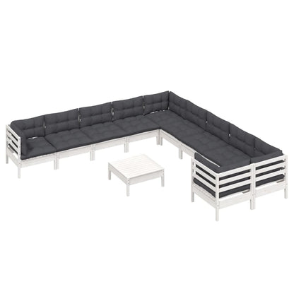 Set Divani da Giardino 11 pz con Cuscini Bianchi Legno di Pino - homemem39
