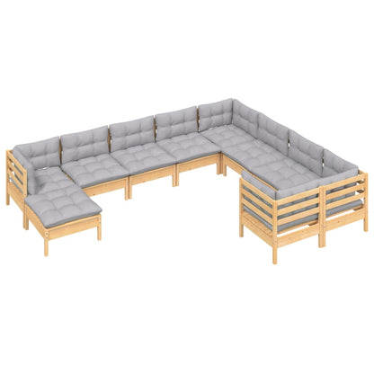 Set Divani da Giardino 10 pz con Cuscini Grigi Massello di Pino