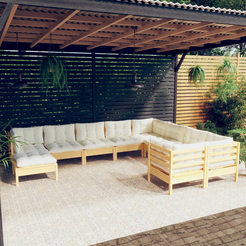Set Divani da Giardino 10 pz con Cuscini Crema Massello di Pino | homemem39