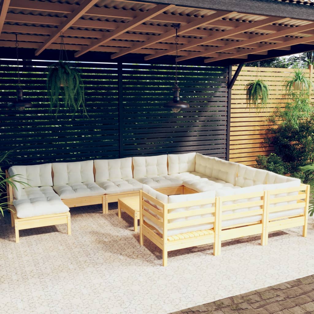 Set Divani da Giardino 12 pz con Cuscini Crema Massello di Pino | homemem39