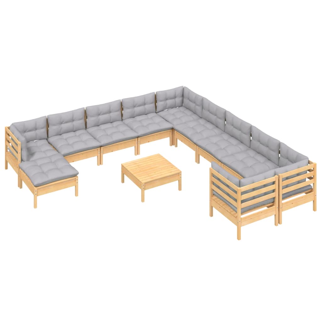 Set Divani da Giardino 12 pz con Cuscini Grigi Massello di Pino | homemem39