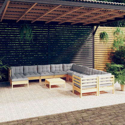Set Divani da Giardino 12 pz con Cuscini Grigi Massello di Pino | homemem39