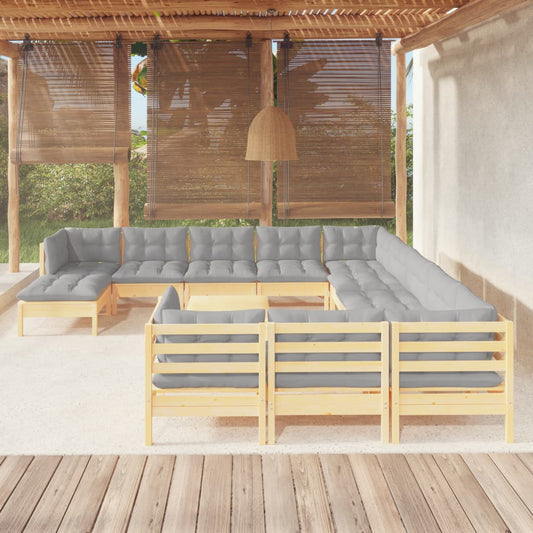 Set Divani da Giardino 13 pz con Cuscini Grigi Massello di Pino | homemem39