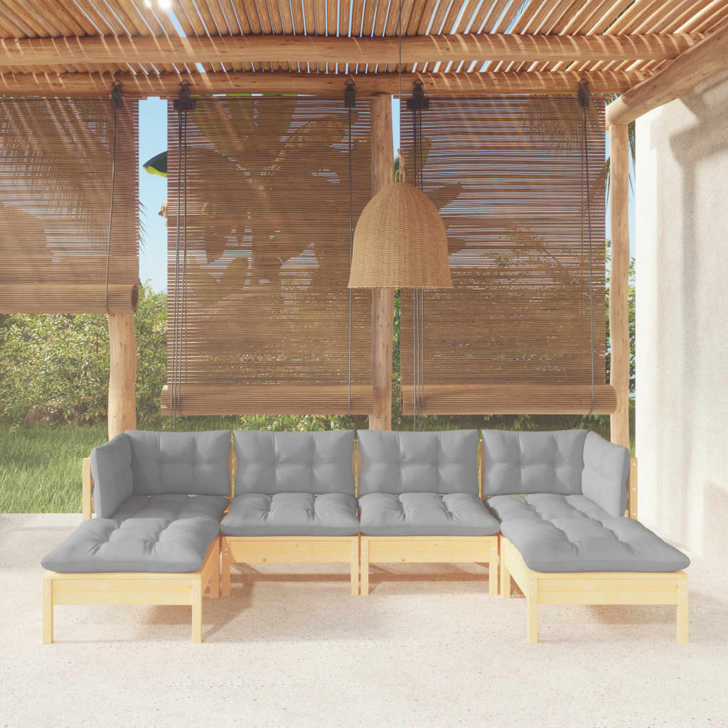 Set Divani da Giardino 6 pz con Cuscini Grigi Massello di Pino | homemem39