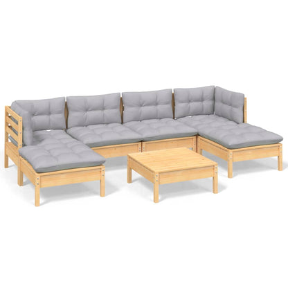 Set Divani da Giardino 7 pz con Cuscini Grigi Massello di Pino | homemem39