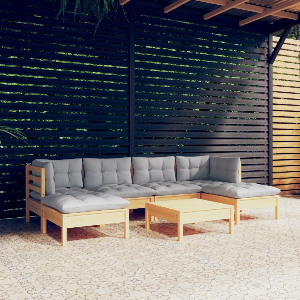 Set Divani da Giardino 7 pz con Cuscini Grigi Massello di Pino | homemem39