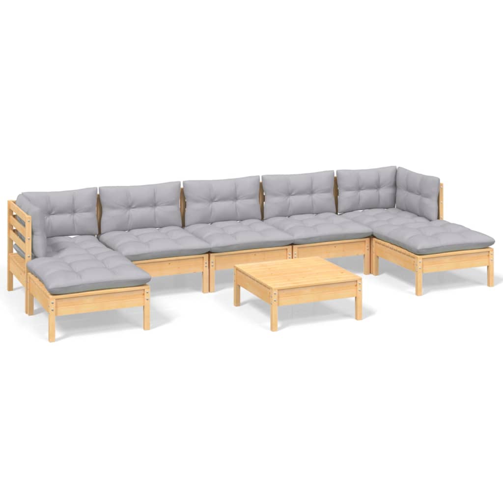 Set Divani da Giardino 8 pz con Cuscini Grigi Massello di Pino | homemem39