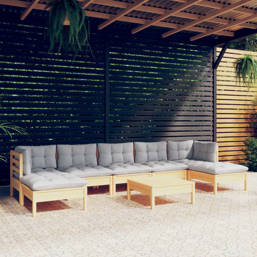Set Divani da Giardino 8 pz con Cuscini Grigi Massello di Pino | homemem39