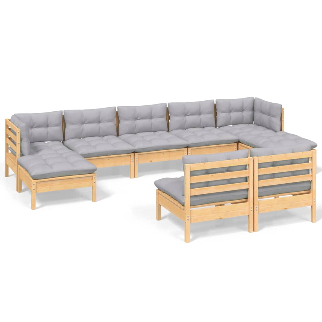 Set Divani da Giardino 9 pz con Cuscini Grigi Massello di Pino | homemem39