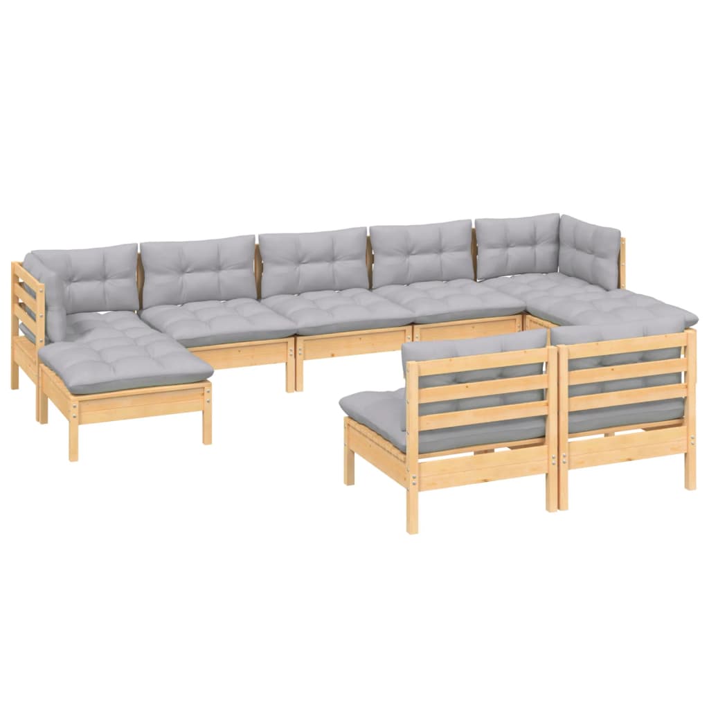 Set Divani da Giardino 9 pz con Cuscini Grigi Massello di Pino | homemem39