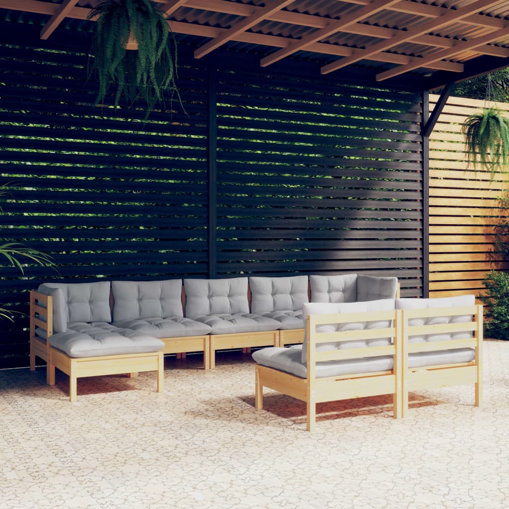 Set Divani da Giardino 9 pz con Cuscini Grigi Massello di Pino | homemem39